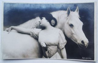 Vintage Photo Art Postcard With Pretty Girl And White Horse By Fern Andrée 1913
