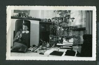 Vintage Photo Woman Pet Monkey & Christmas Tree W/ Tinsel Shiny Brites 440052