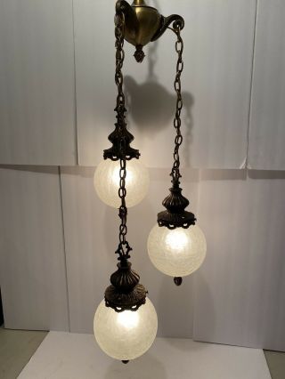 Vintage Swag Light Fixture Hanging 3 Tier Light Lamp Crackle Glass Hollywood Mcm