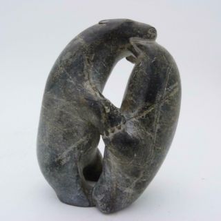 Vintage Inuit Stone Carving Featuring A Bear With A Seal In Its Mouth,  Signed