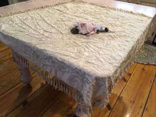 Antique Victorian Silk Piano Shawl Floral Embroidery Cream Pastel 4