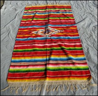 Vintage 1950 ' s? Mexican Wool Blanket Saltillo Serape Throw Diamond Wool 88.  5 