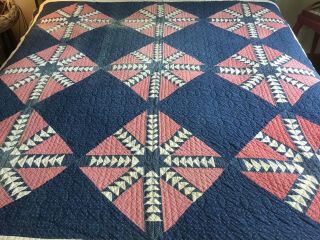Stunning Antique Patchwork Quilt In Blue,  Pink,  And White Arrow And Star Pattern