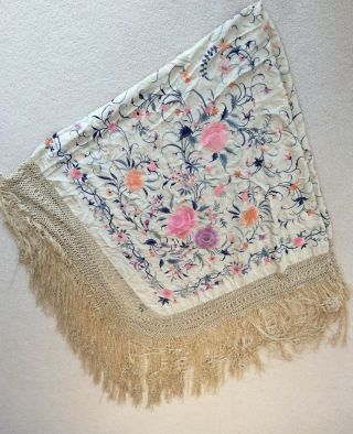 Antique Large Embroidered Silk Piano Shawl Floral Pattern
