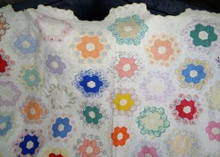 Vtg Antique Hand Stitched Quilt GRANDMOTHERS FLOWER GARDEN 68 