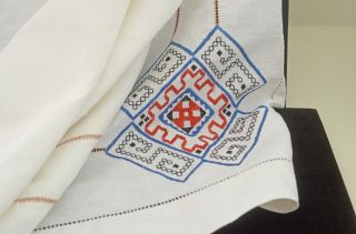 Antique Arts & Crafts Hand Embroidered Linen Banquet Tablecloth 12 Napkins Vv577