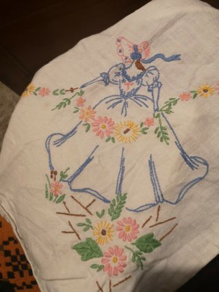 Vintage Hand Embroidered Linen Tablecloth - Exceptional Crinoline Lady Needle Work