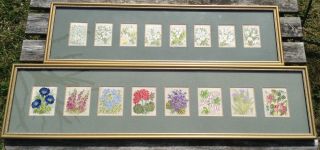 2 Woven Silk Embroidery Pictures Flowers Plants 59x15 49x14cm Rare Vintage F&g