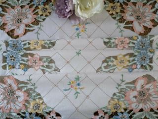 Vintage Hand Embroidered Irish Linen Madeira Tablecloth Pastel Florals