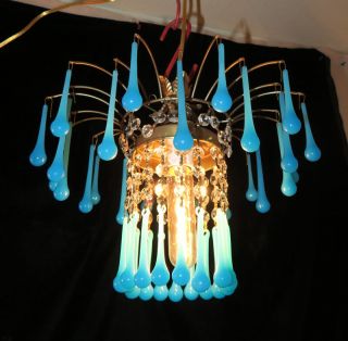 Vintage Waterfall Opaline Blue Aqua Blue Tole Brass Swag Lamp Crystal Chandelier