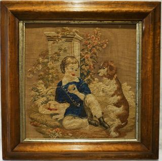 Small Mid 19th Century Needlepoint Of A Young Boy & His Pet Spaniel - C.  1860