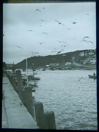 Vintage Magic Lantern Slide - River Boats Bridge Looe Cornwall 2