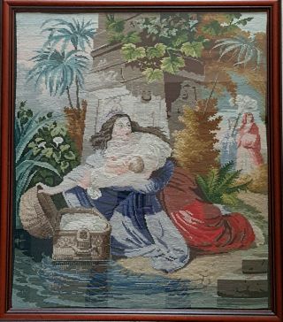 Victorian Framed Tapestry Needlepoint Baby Moses Basket And River Nile Scene