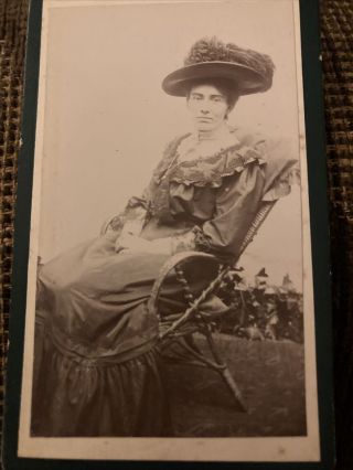 Victorian Cdv Photo Woman In Big Hat,  Reclined Chair