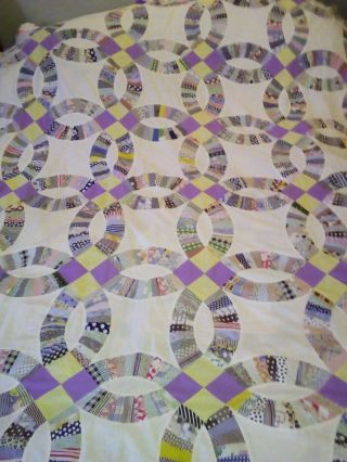 Vintage Hand Pieced Quilt Top Double Wedding Ring Pattern Feed Sack Fabric