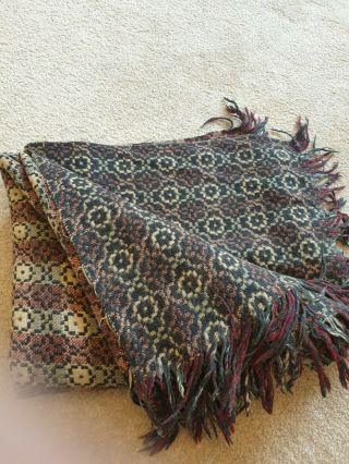 Vintage Welsh Blanket Wool Tapestry Single Bed Size Black And Pinks Vg