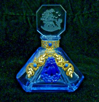 Vintage Art Deco Czech Crystal Jeweled Perfume Lt Blue Bottle Blue Ormolu