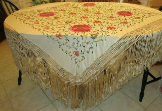 Antique Silk Embroidered Floral Piano Shawl With Fringe
