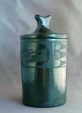 Vintage San Ildefonso Pueblo Cylinder Vase With Lid 1940 Old Indian Pot Pottery