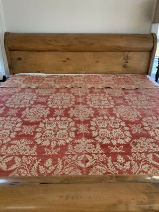 Antique Dated 1840 American Wool Jacquard Coverlet Blanket Red Cream Hand Woven