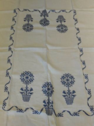 Vintage Hand Cross Stitch Embroidery Blue Floral Topiary Tablecloth 82 " X 70 "