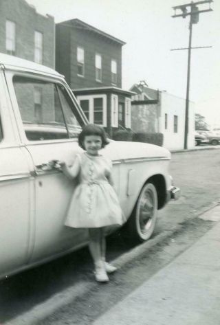 Ya97 Vintage Photo Little Girl Pretty Dress By Car Door On Curb C Mid Century
