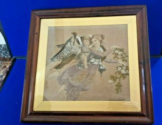 Mid 19th Century Woolwork/beadwork/ebroidery Of Cherub In Frame