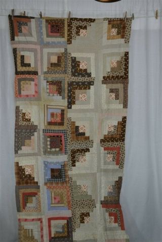 Early Quilt Piece 37 X 92 " Patchwork Log Cabin Top Antique 1850