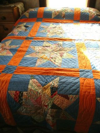 Vtg Feed Sack Cotton Hand - Quilted Blue Multi Color Block Star Pattern 75x92 Vgc
