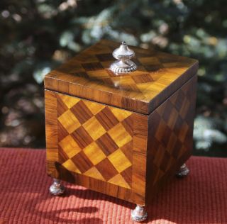 Vintage Maitland Smith Inlaid Hardwood Box Silver Feet Checkerboard Pattern