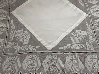 Stunning Large Antique Irish Linen Tablecloth Deep Lace Trim Ww1 Flags 62”x 61”