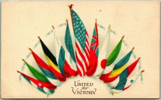 Vintage 1910s Wwi Patriotic Postcard " United For Victory " U.  S.  / Allies 