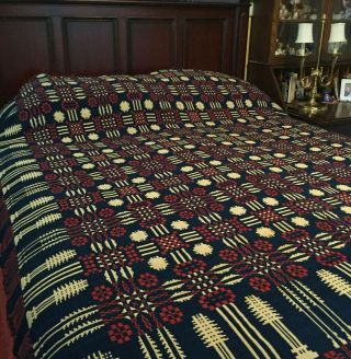 19th Century Red,  White,  And Blue Double Weave Antique American Coverlet