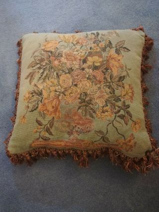 Vintage Floral Needlepoint /tapestry Cushion With Silk Fringe 14.  5 " (37cm) Square