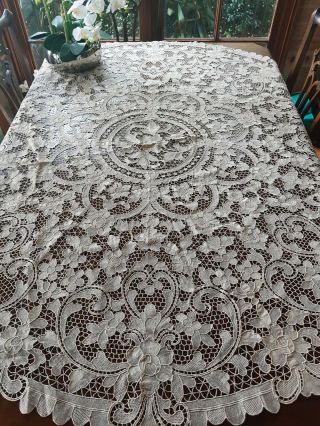 Antique Round Ecru Italian Point De Venise Lace Tablecloth 175 Cm