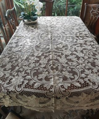 Antique Round Ecru Italian Point De Venise Lace Tablecloth 220 Cm