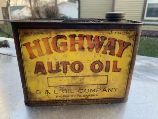 Antique Vintage High Way Auto Oil B&l Oil Co Fairbury Ne Half Gallon Can