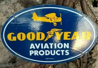Old Vintage 1939 Goodyear Aviation Tires Porcelain Sign Gas Pump Airplane Flight