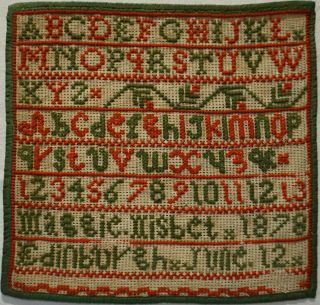Small Mid/late 19th Century Scottish Alphabet Sampler By Maggie Nisbet - 1878