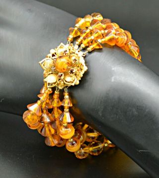 Vintage Designer Miriam Haskell Amber Glass Bead 4 Strand Bracelet