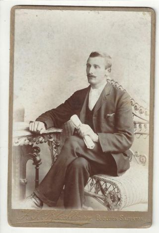 Victorian Cabinet Card - Budleigh Salterton - Handsome Man Holding Rolled Paper