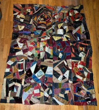 Vtg Antique Victorian Crazy Quilt Embroidered Silk Trade Sign Advertising 68 X56