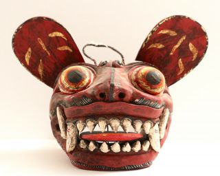 Vintage Indonesian Balinese Demon Mask Hand - Carved Barong Wood Macan Tiger Mask