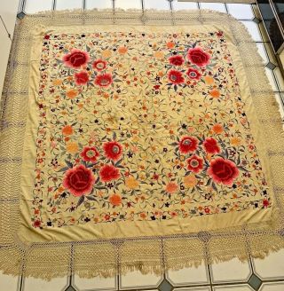 Huge Stunning Antique Hand Embroidered Silk Fringed Colorful Floral Piano Shawl