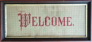 Antique C.  1880 Eastlake Framed Victorian Punched Paper Motto Welcome