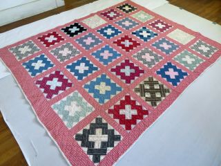 Antique 1920 ' s Handmade Hand Stitched Red & White Crossroads Quilt 85x67 2