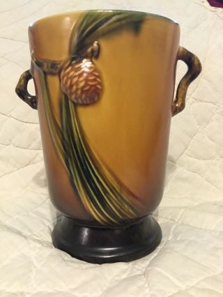 Vintage 1930’s Roseville Art Pottery Pine Cone Vase,  Double Twig Handles