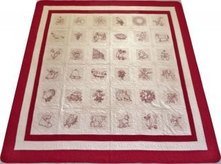 Antique Signed Dated 1916 Hand Stitched 8 Spi Redwork Embroidered Quilt 88x86
