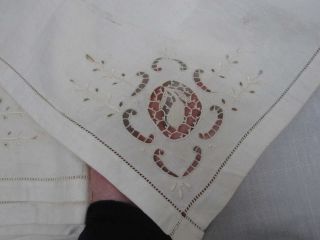Set Of 12 Antique Linen Napkins W Cutwork Embroidered Corner Fruit 19 1/4 "