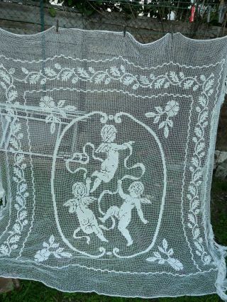 French Antique Filet Lace Bedspread With Flowers And Cherubs Circa 1900